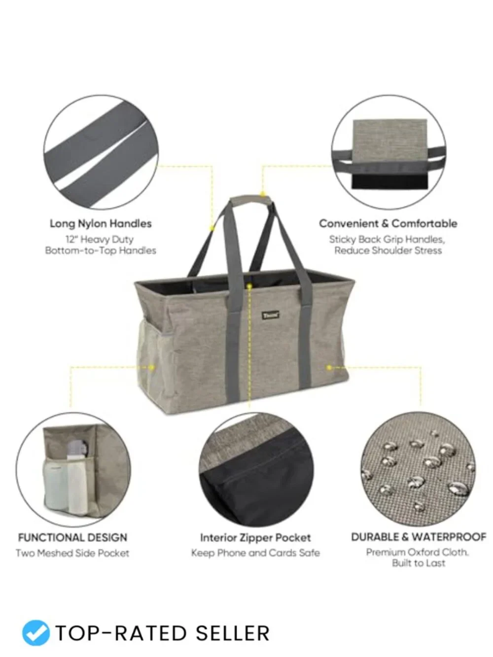 Extra Large Utility Tote Bag with Reinforced Wire Frame, Reusable Grocery